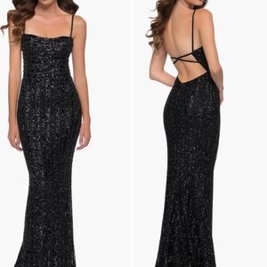 La Femme Long Striped Pattern Sequin Gown- Black